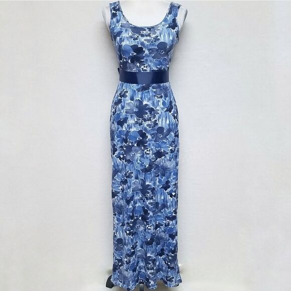 VINTAGE Twisted Paris Blue Floral Sash Maxi Dress - Picture 4 of 16